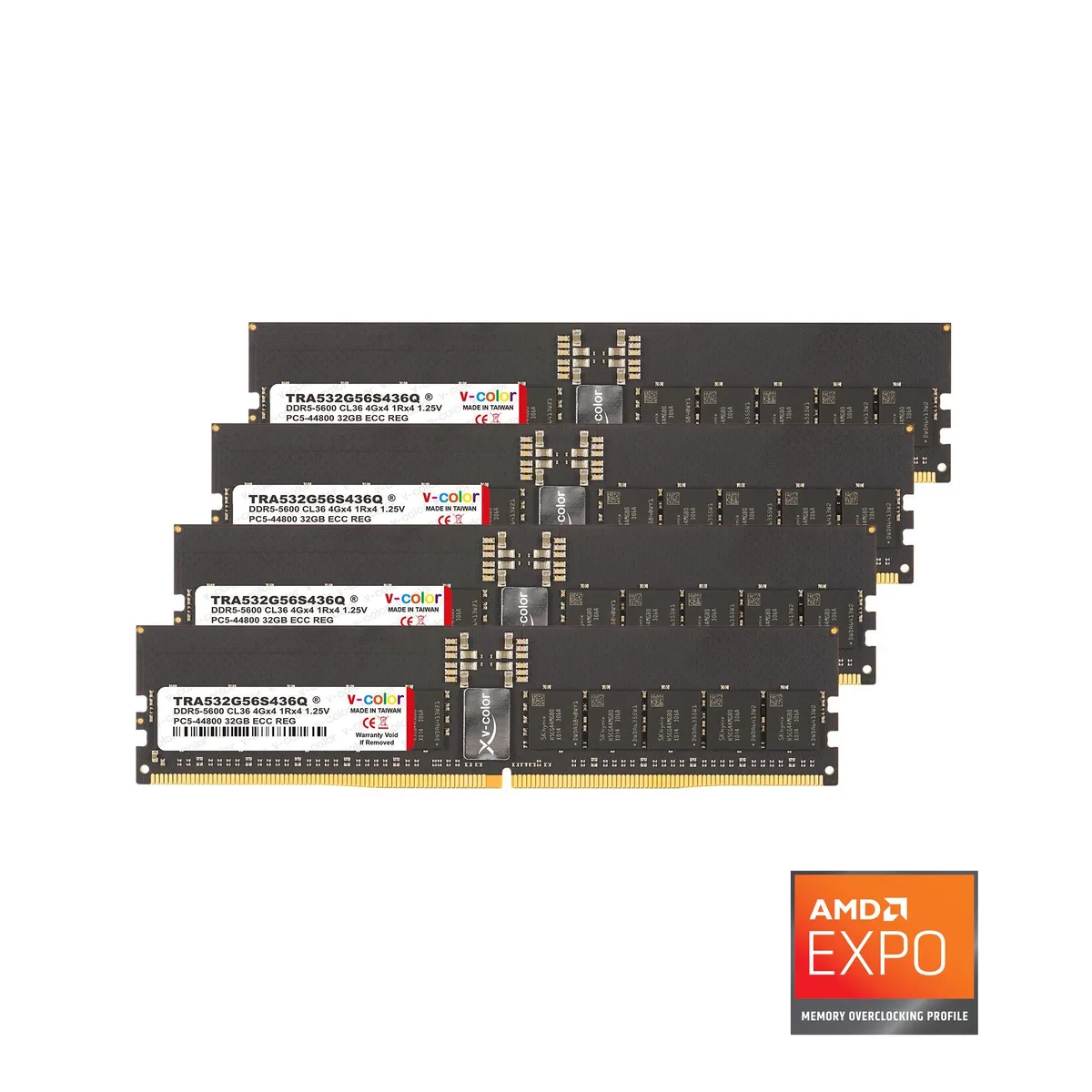 Four black DDR5 registered DIMMs with silver heat spreaders