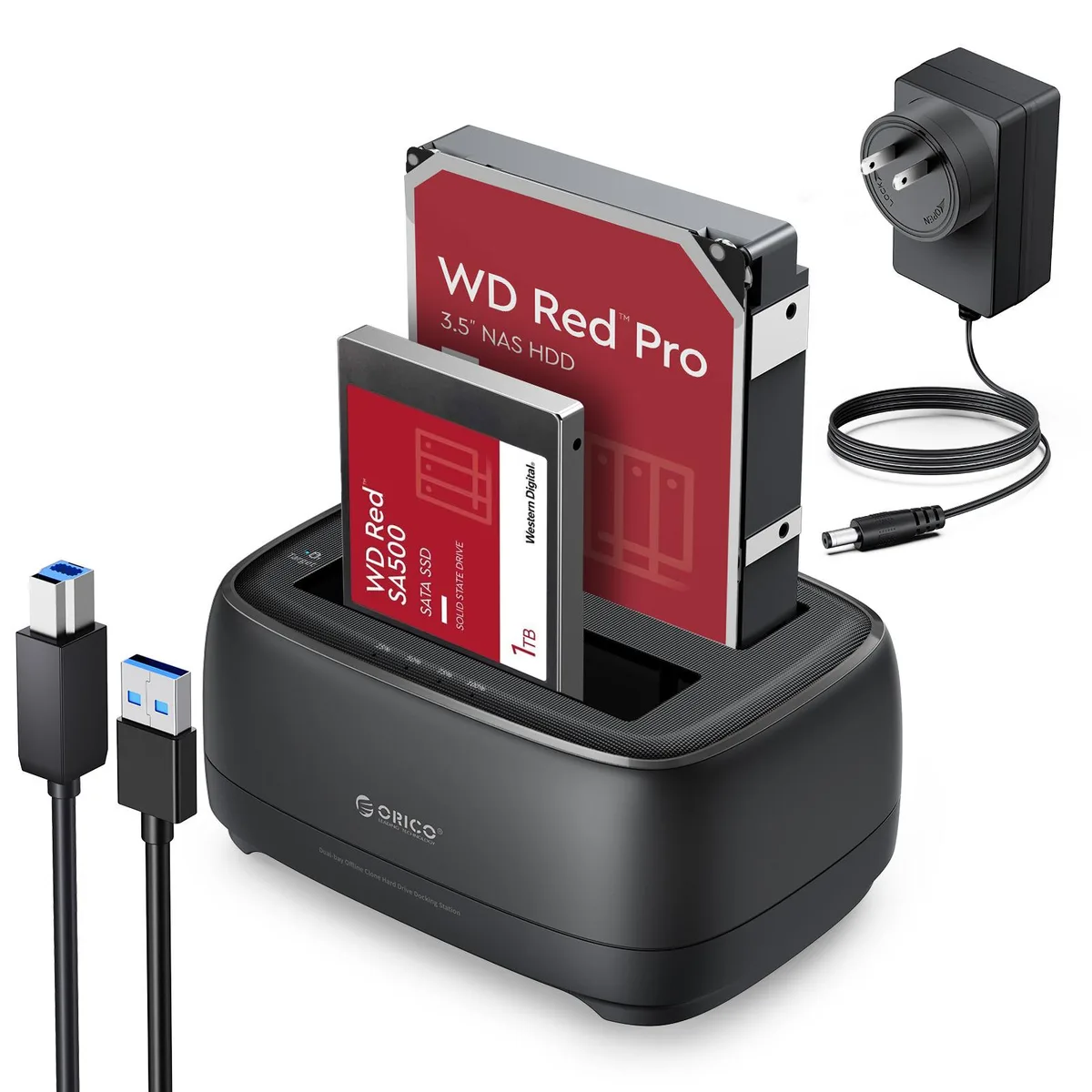Black dual-bay SATA drive dock with USB 3.0 cable and power adapter
