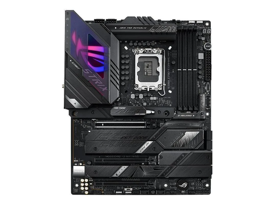 ATX motherboard with dark heatsinks and silver I/O shield
