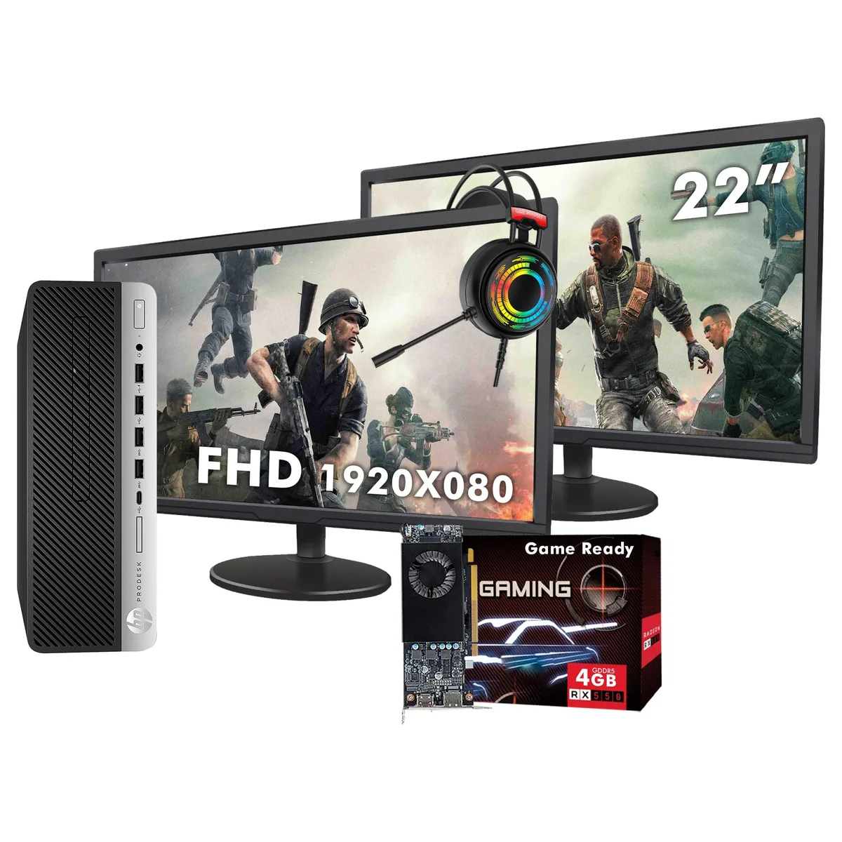 HP HP ProDesk 600 G3 SFF desktop PC, Core i5-6500, 16GB DDR4, 1TB SSD, Radeon RX 550, dual 22" monitor — photo du produit
