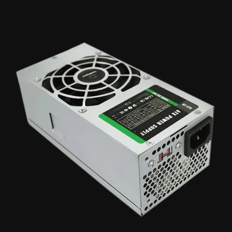 Compact silver TFX power supply unit with rear fan grille and cable bundle