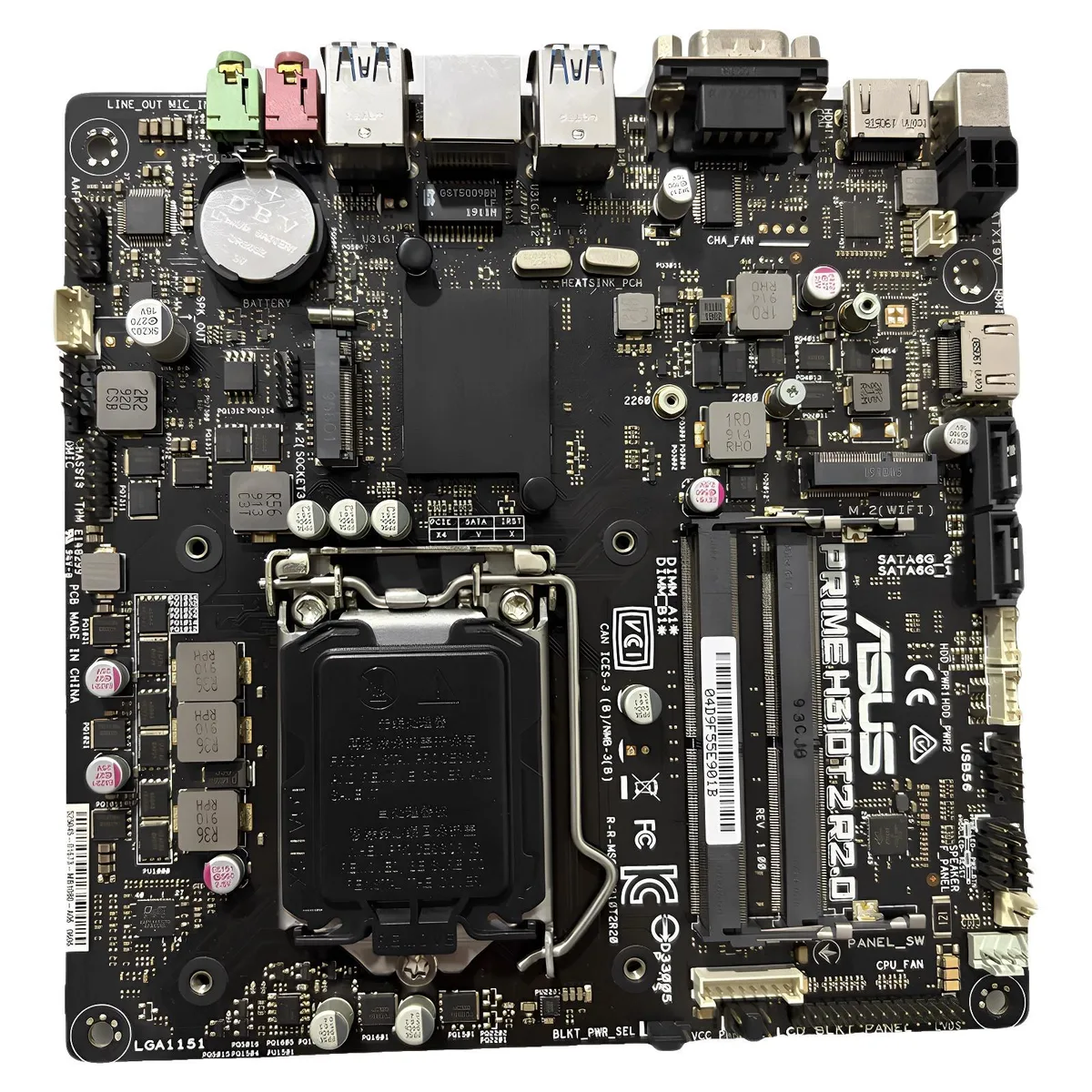 Green Mini-ITX motherboard with silver LGA 1151 socket and black DDR4 slots