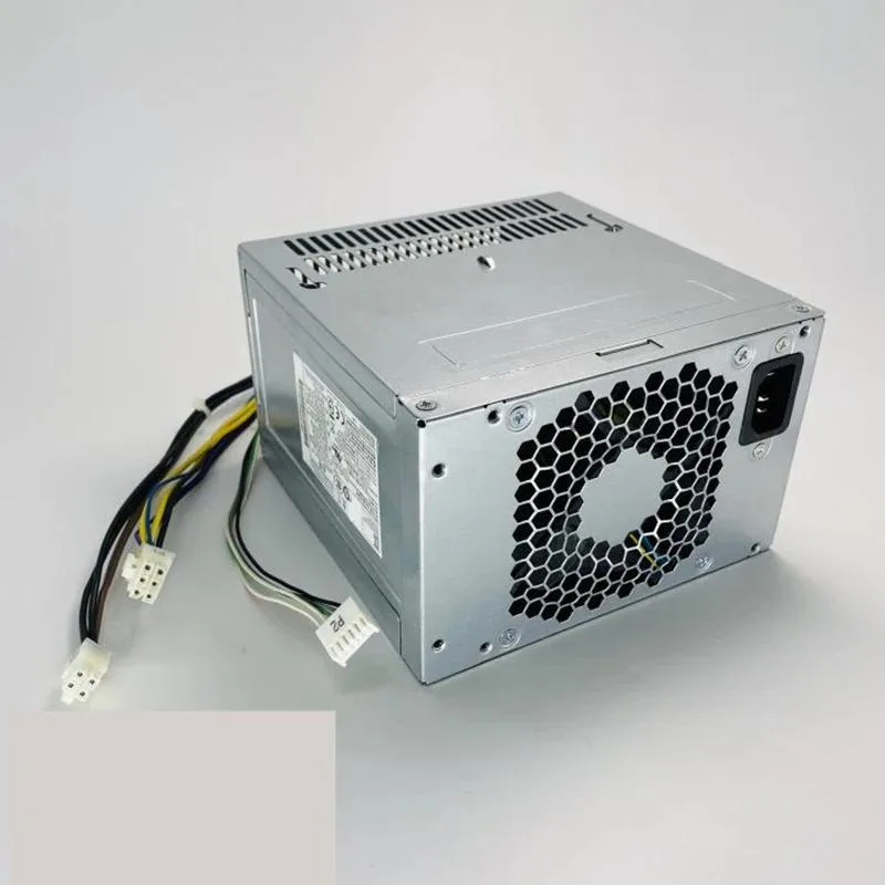 Rectangular ATX power supply unit, matte metal casing, cooling fan visible
