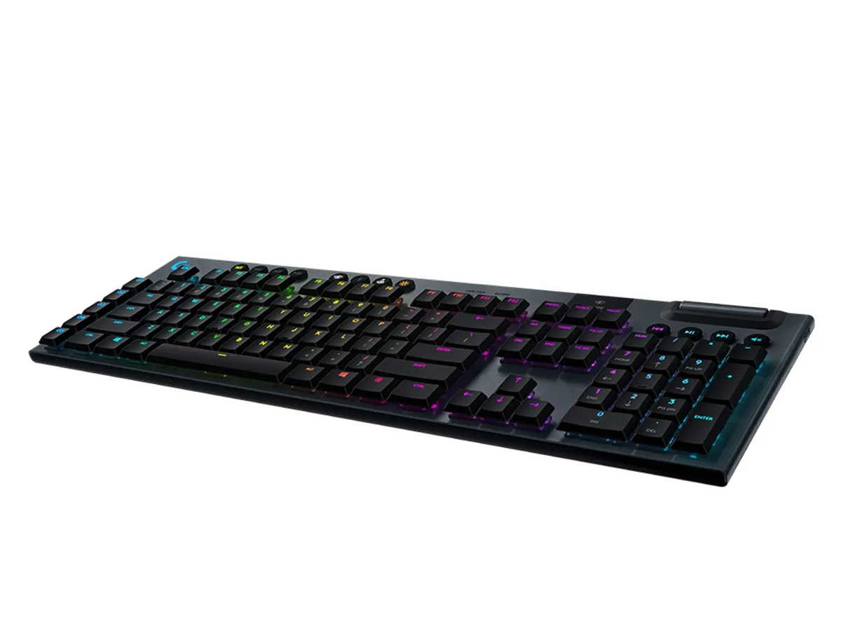 Thin black mechanical keyboard with low-profile tactile keys and RGB backlighting
