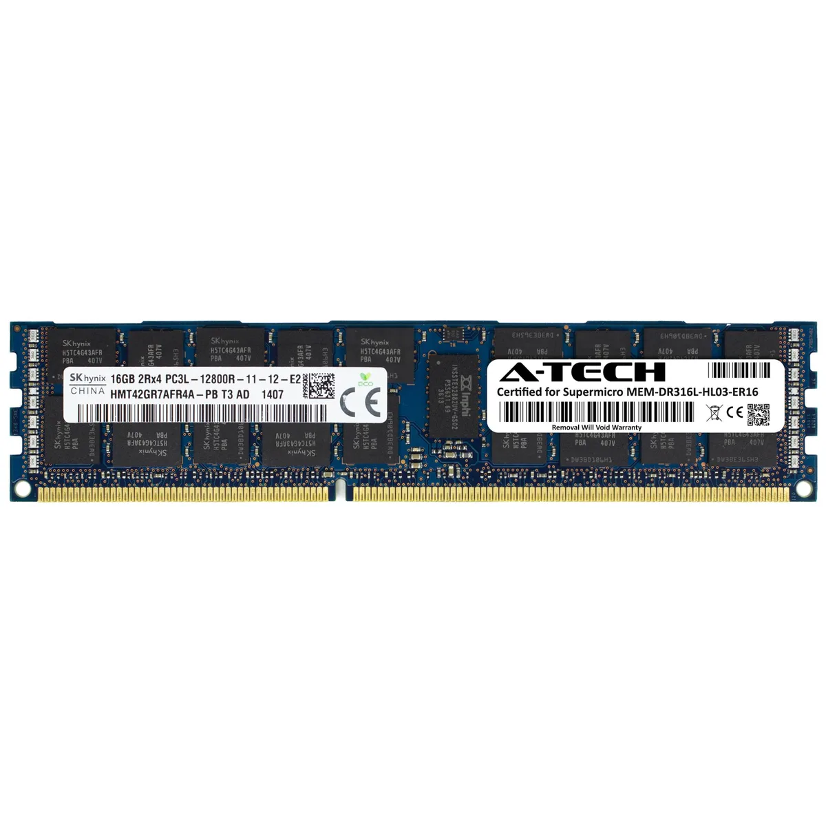 Green 240-pin DDR3L RDIMM module with black chips and gold contacts