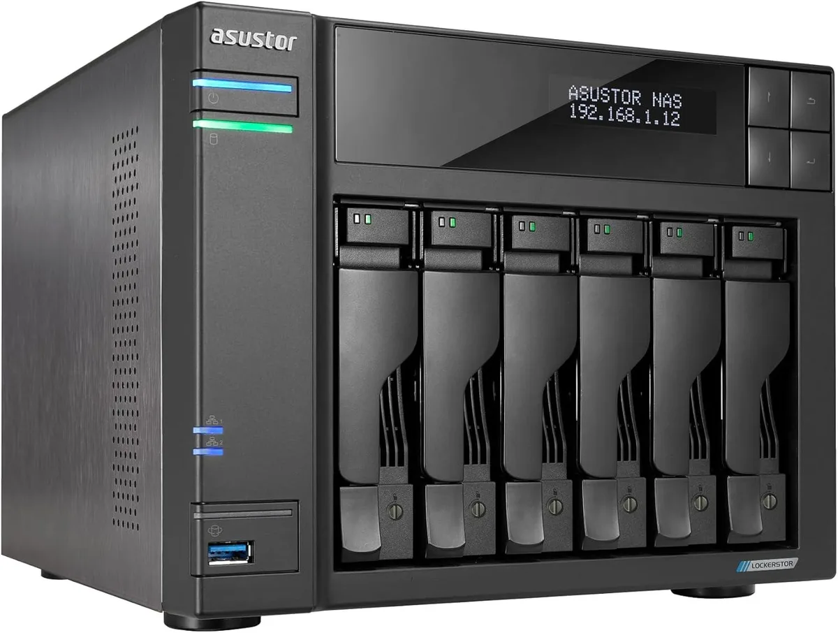 Rectangular black desktop NAS with six drive bays visible on the front