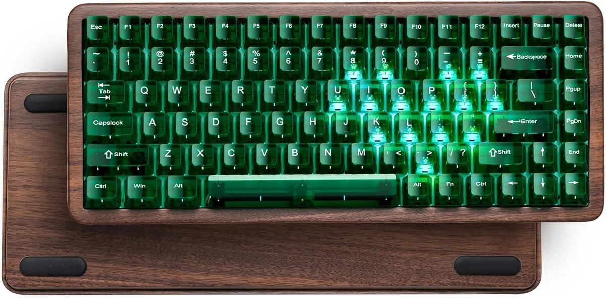75% walnut wood gaming keyboard with green translucent keycaps