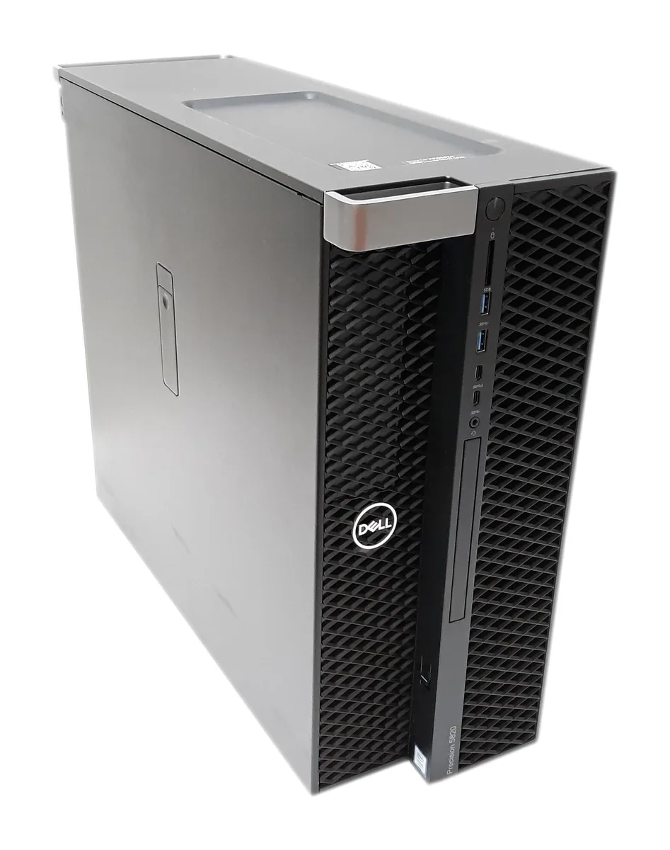 Black Dell Precision 5820 tower workstation standing upright, matte finish, front panel ports visible