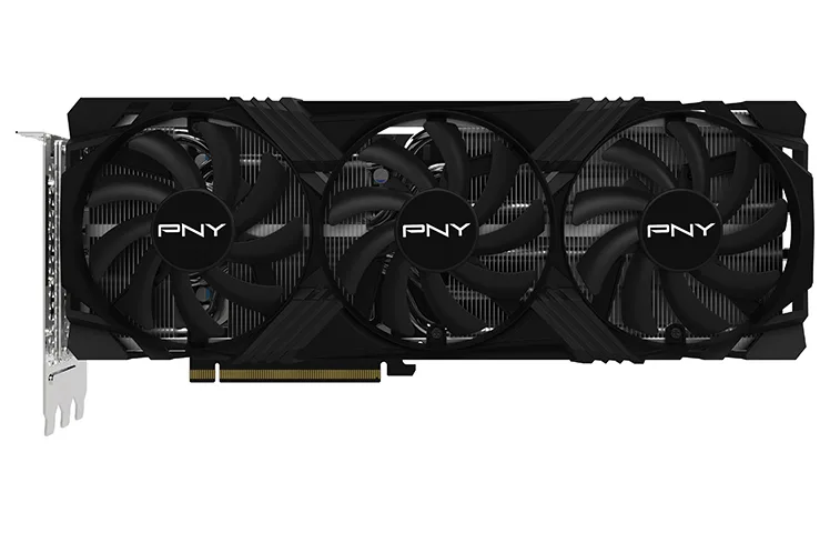 Black triple-fan graphics card, three-slot ATX form factor