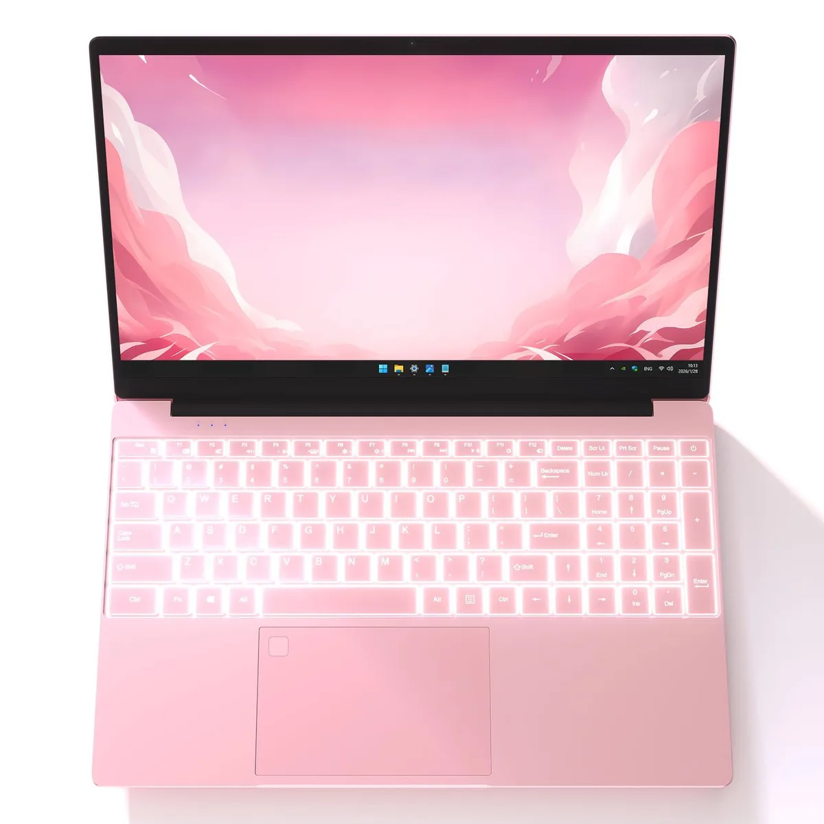 Pink 15.6 inch laptop with thin bezels and backlit keyboard