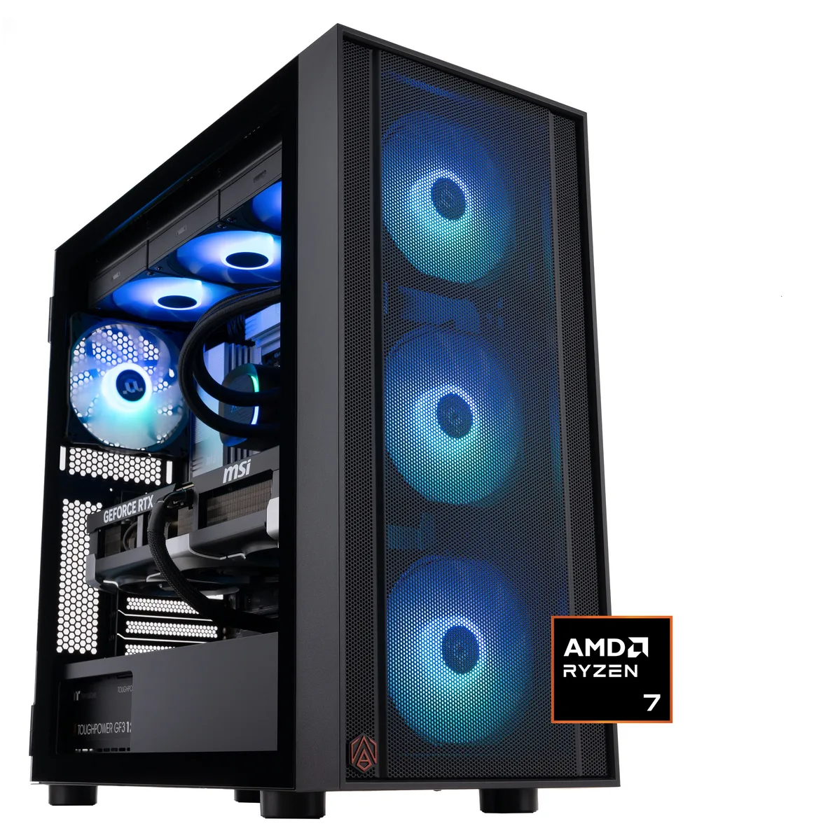 Black mid-tower gaming desktop with RGB liquid cooling visible through glass side panel