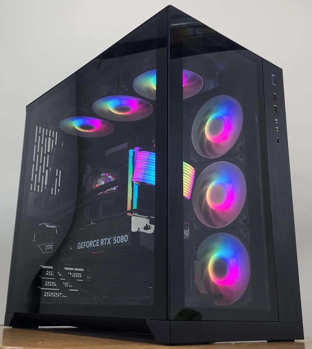 Black Lian Li O11 Dynamic ATX case with 360mm RGB AIO cooler and RTX 5080 graphics card