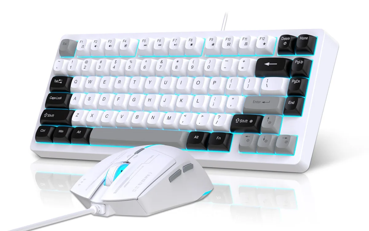 Black 75% membrane keyboard with ice-blue backlight and matching mouse, USB wired, compact rectangular shape
