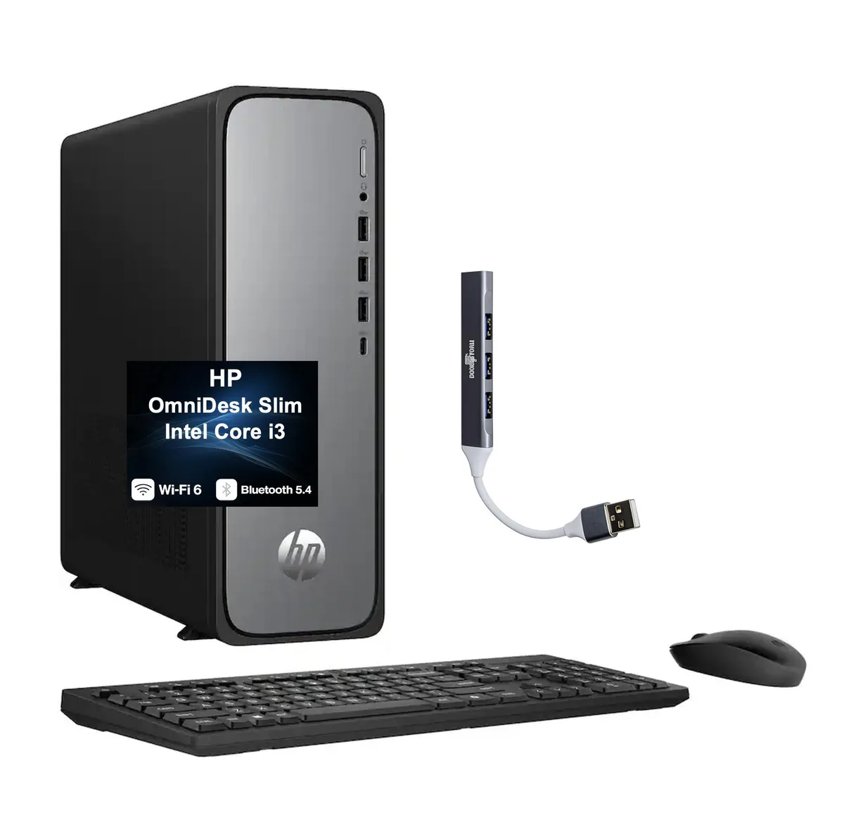 Compact Meteor Silver desktop tower with wireless keyboard and mouse