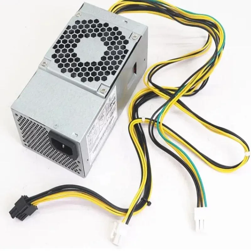 Rectangular ATX power supply unit with metal casing and visible cooling fan