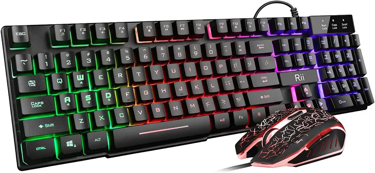 Black USB corded keyboard and mouse set with rainbow LED backlighting