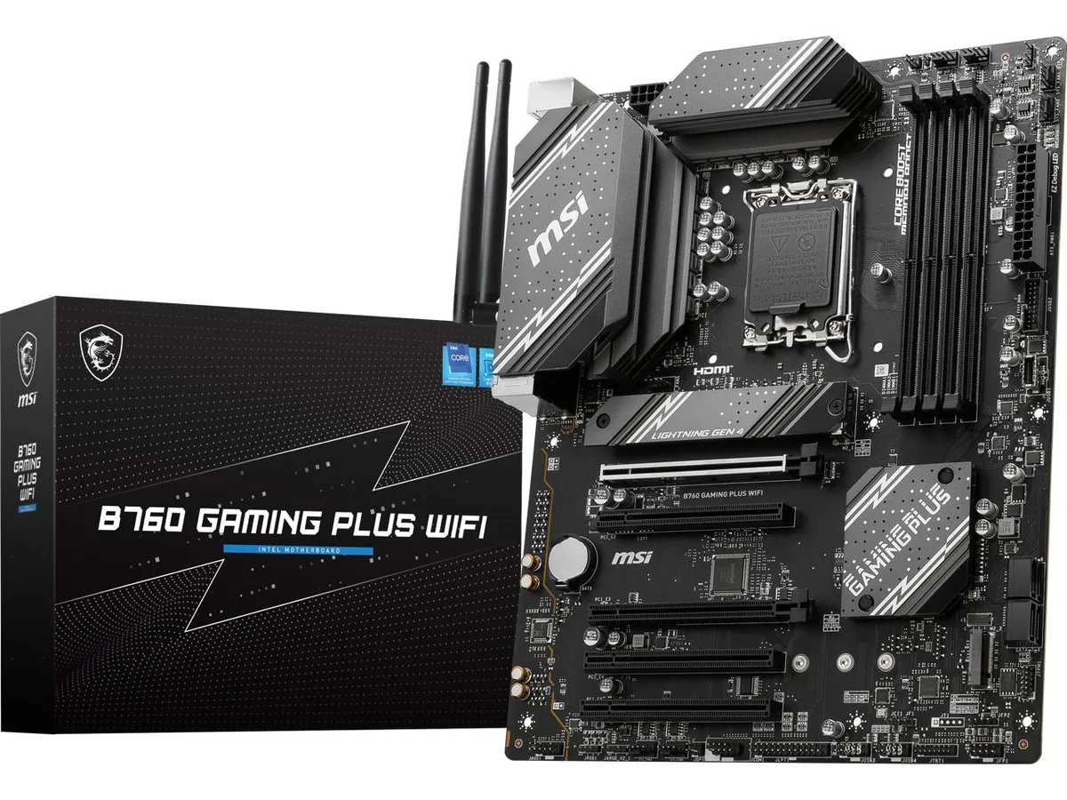 Rectangular ATX motherboard in black with silver heatsinks and a silver I/O shield
