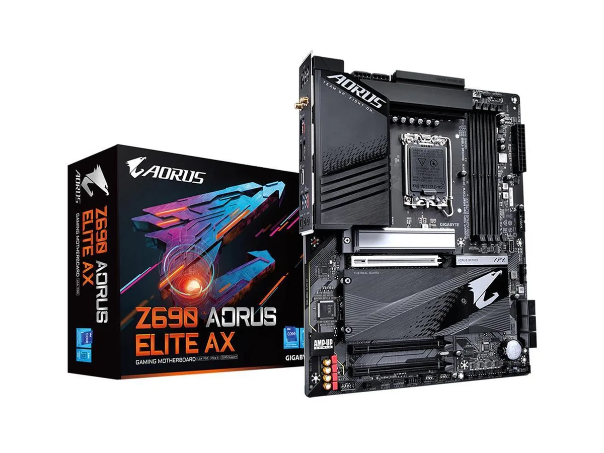 ATX motherboard with black heatsinks silver accents and integrated I/O shield