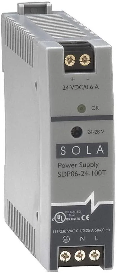 Compact grey metal power supply unit with side ventilation slots and screw terminals