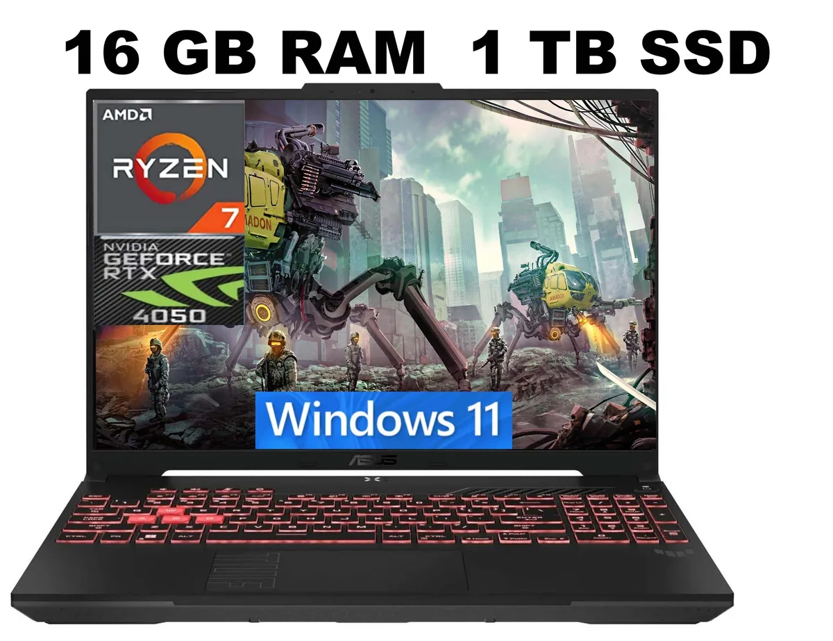 Black 16-inch gaming laptop with matte finish and backlit keyboard