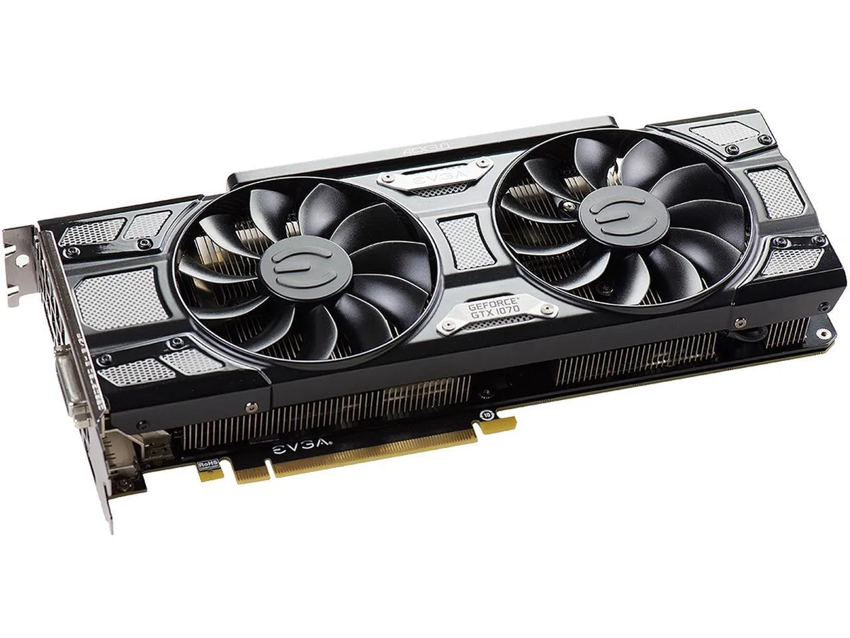 EVGA GeForce GTX 1070 graphics card with black dual-fan ACX 3.0 cooler and metal backplate
