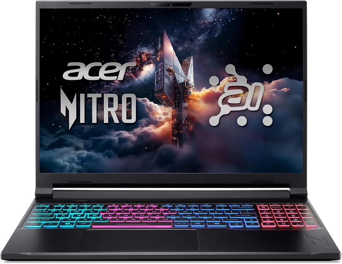 Black 16 inch gaming laptop with matte finish and backlit keyboard
