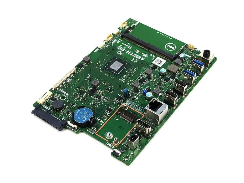 Green rectangular motherboard with silver heatsink and black CPU socket, bare board only