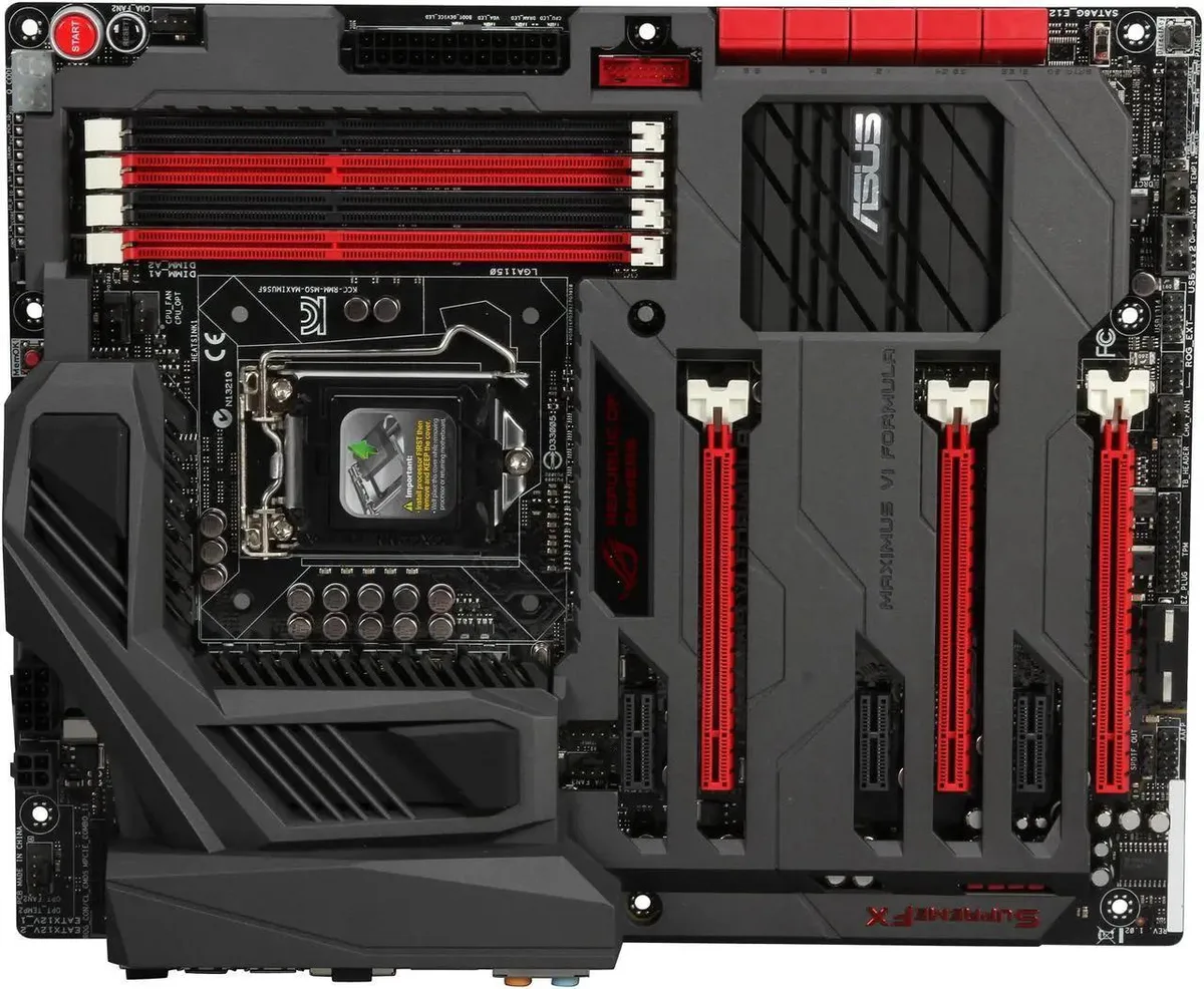 ATX motherboard in black and red with metal heatsinks and I/O shield