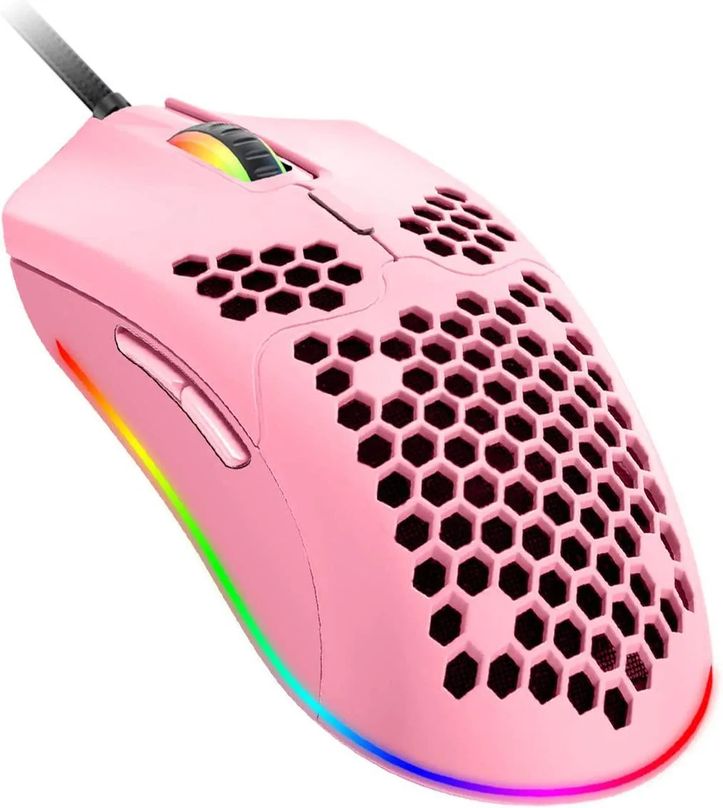 Pink lightweight wired gaming mouse with honeycomb shell and RGB lighting