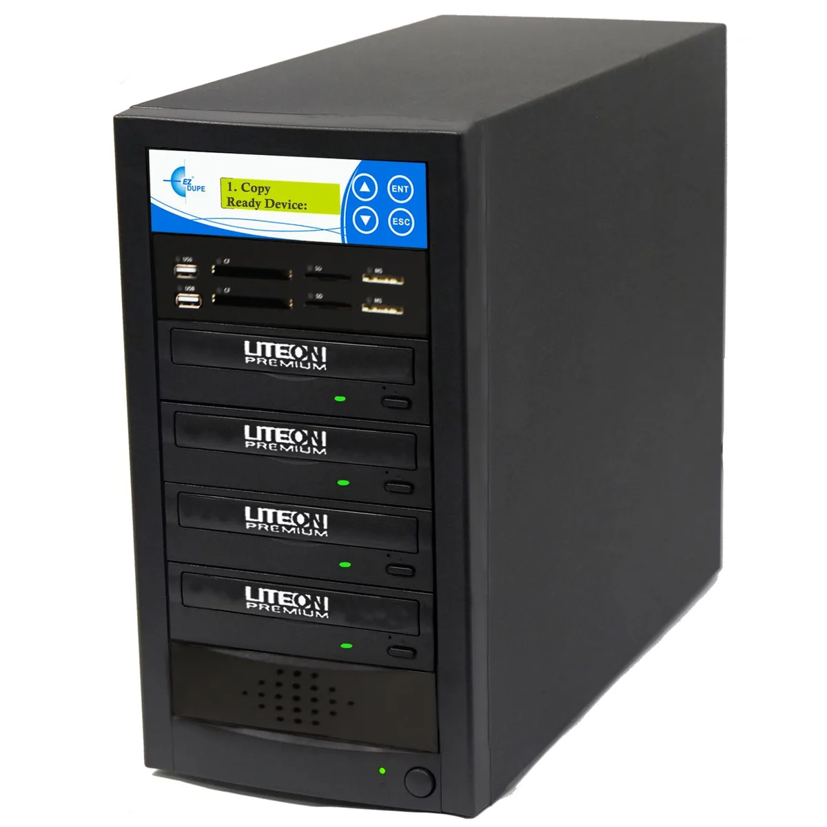 Rectangular desktop DVD duplicator with front card slots and USB port, matte black finish