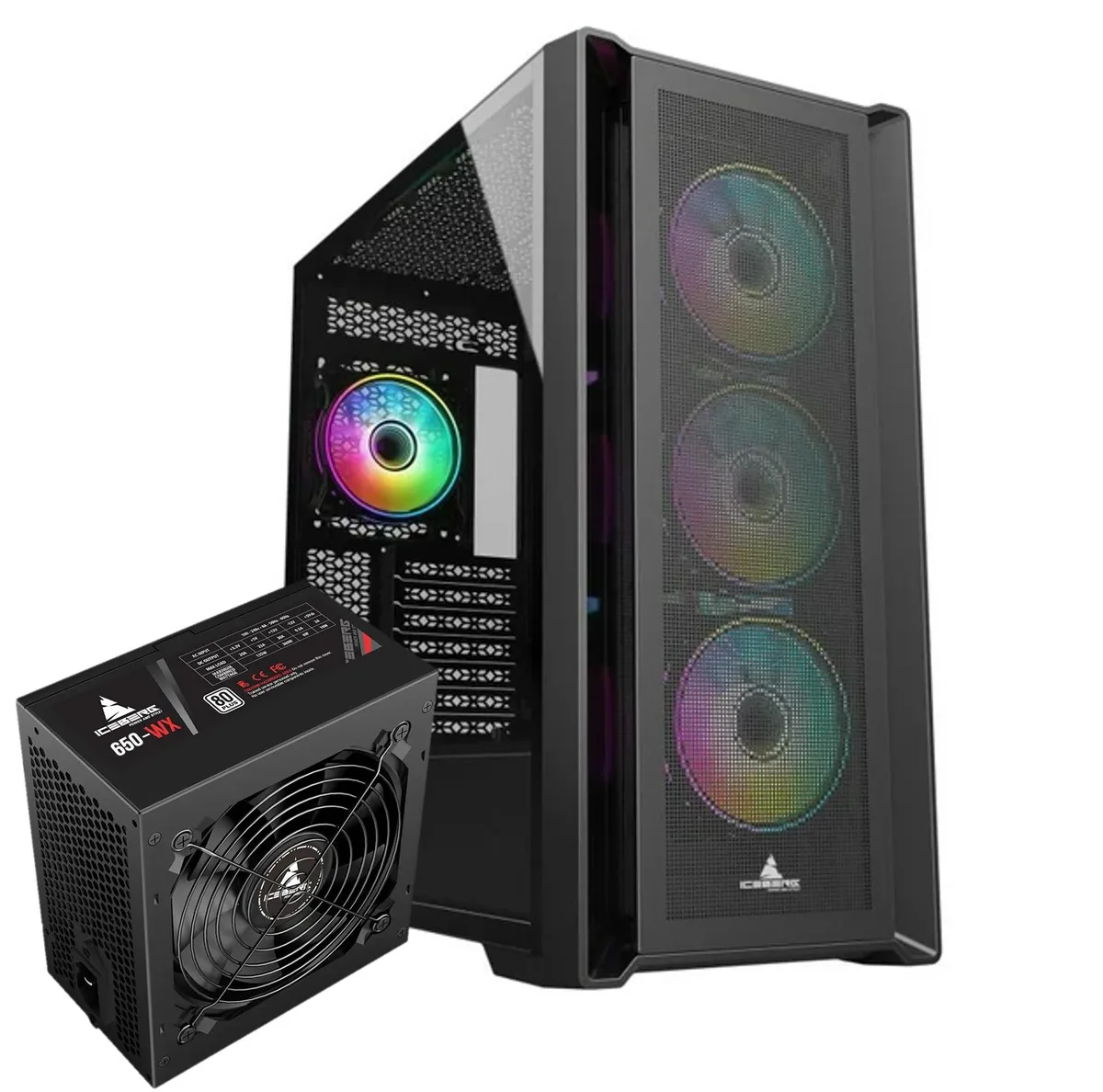Black EATX mid-tower with tempered glass side panel and seven 120 mm ARGB fans