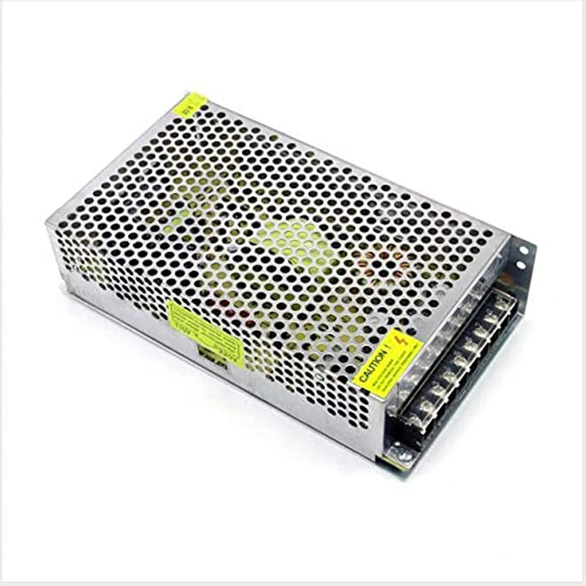Compact metal power supply unit with screw terminals and ventilation slots