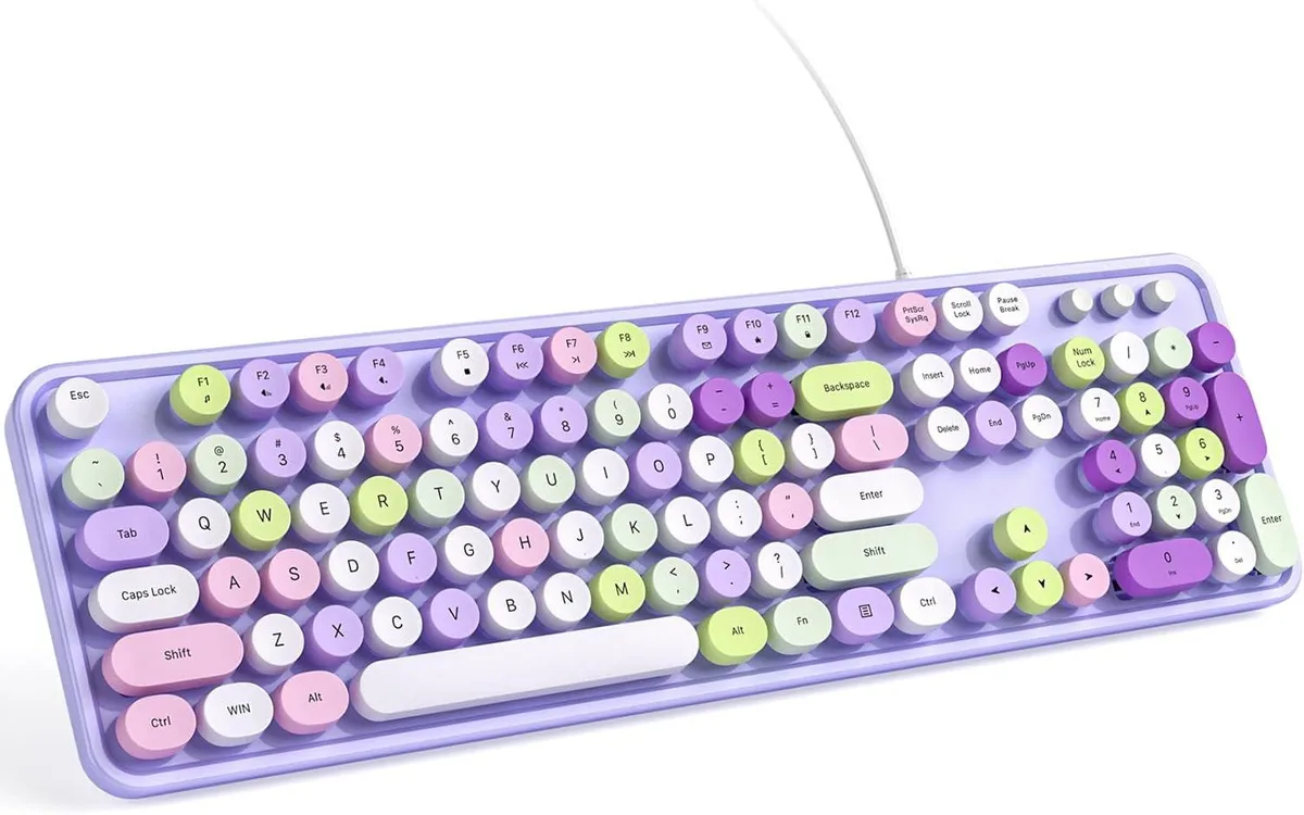 Purple full-size wired keyboard with round retro keycaps floating design