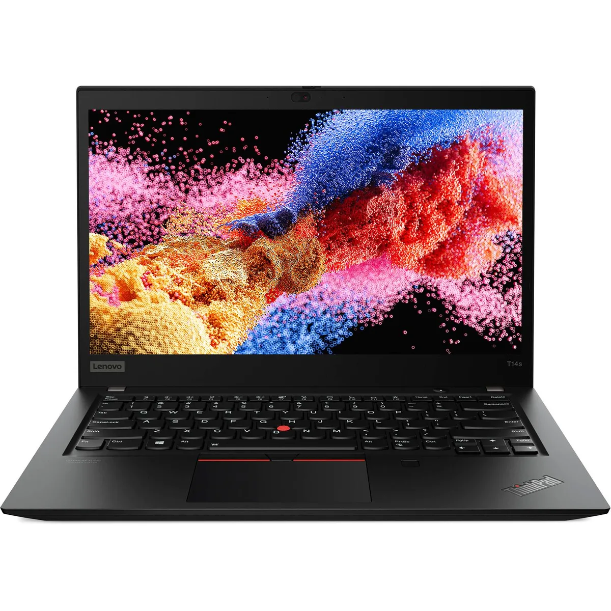 Black 14 inch ThinkPad T14s Gen 1 laptop closed on a plain background