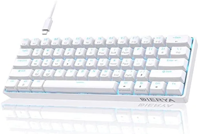 White ultra-compact 61-key mechanical keyboard with brown switches and LED backlighting