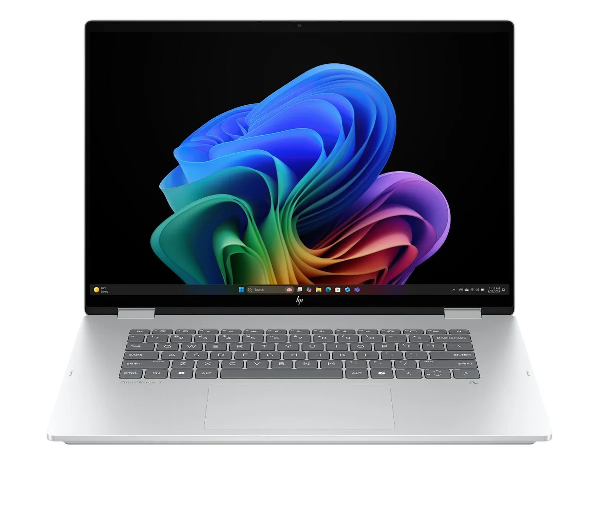 Silver 16-inch 2K touchscreen laptop with edge-to-edge glass display, closed clamshell form factor