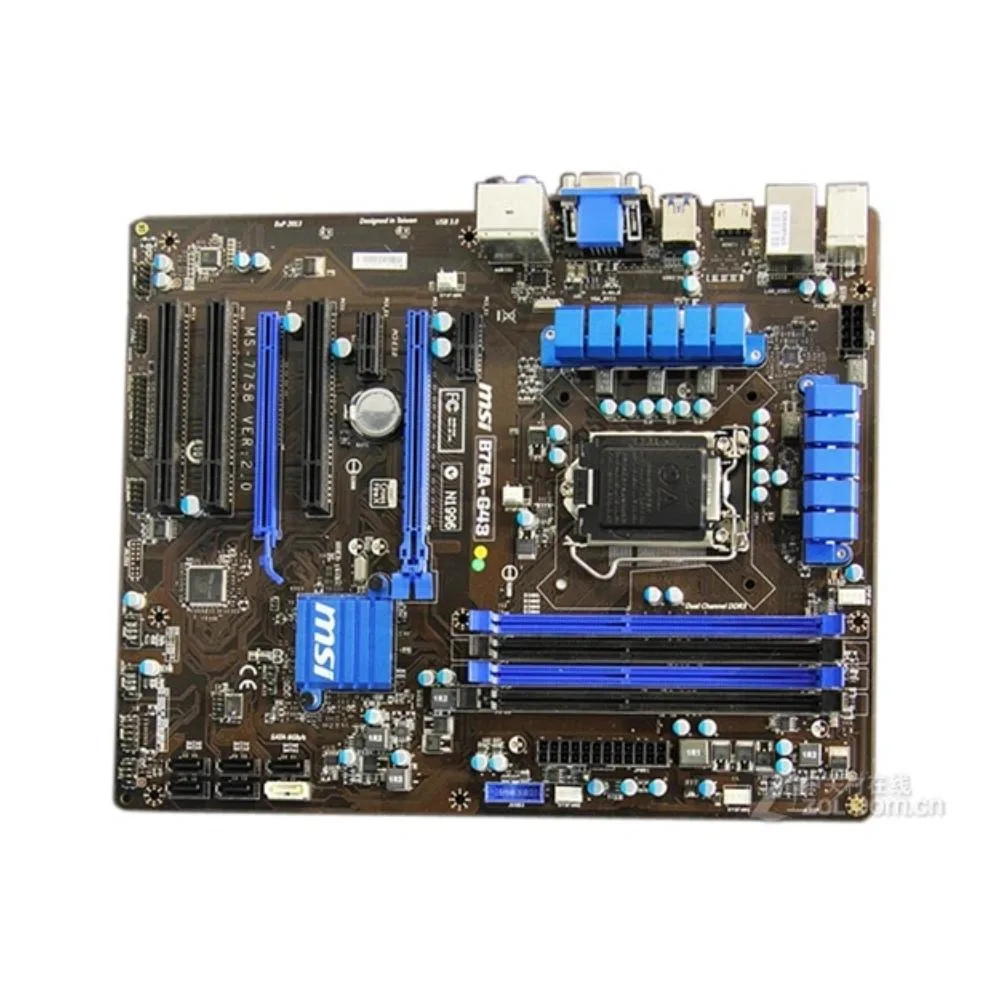 Rectangular ATX motherboard with black PCB and silver heatsinks, LGA 1155 socket, four DDR3 slots, PCIe x16 and x1 slots, SATA ports