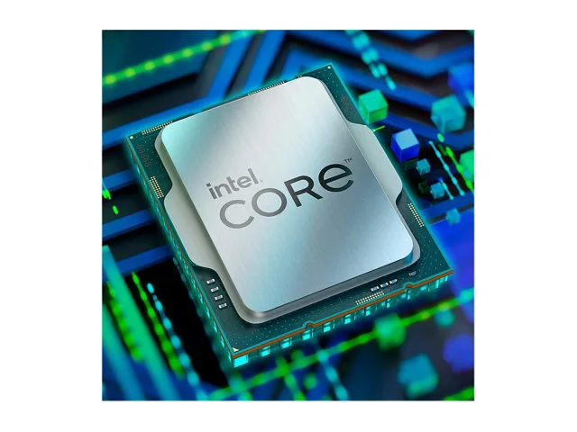 Square green circuit board with gold contacts and silver metal heat spreader marked Intel Core i5-12400