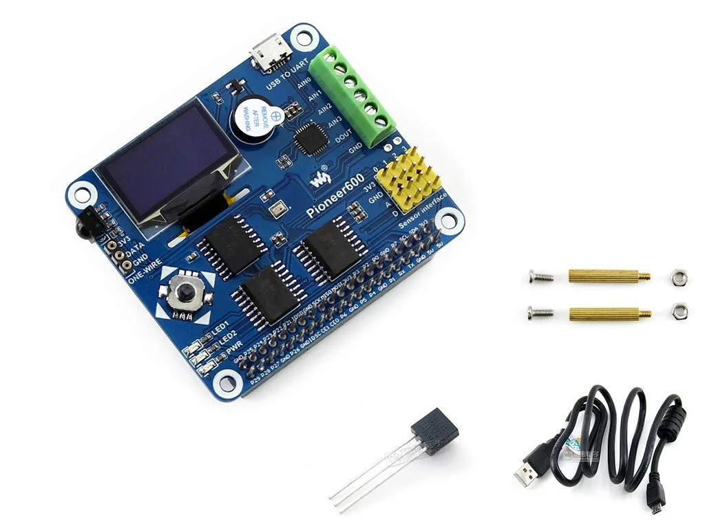 Green circuit board with 40-pin header, .96 inch OLED, joystick, dual LEDs, buzzer, screw terminals, coin-cell holder