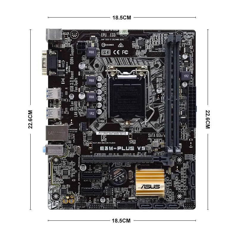 Green rectangular motherboard with silver sockets and black components, I/O shield included