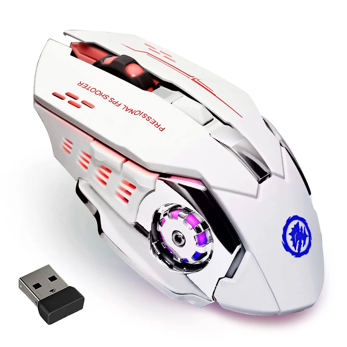 White ergonomic wireless gaming mouse with RGB lighting, six buttons and a scroll wheel