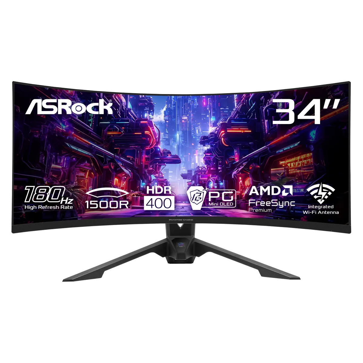 ASRock Phantom Gaming ASRock Phantom Gaming PG34QRT3A 34" 180Hz VA WQHD gaming monitor — product photo
