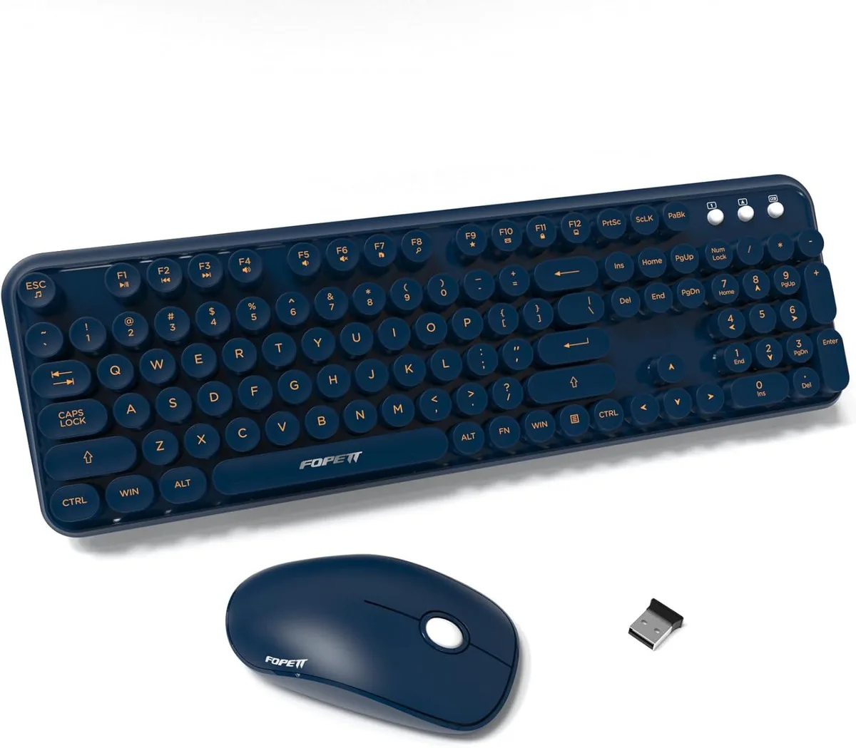 Dark blue full-size wireless keyboard and compact mouse with round keycaps and USB receiver