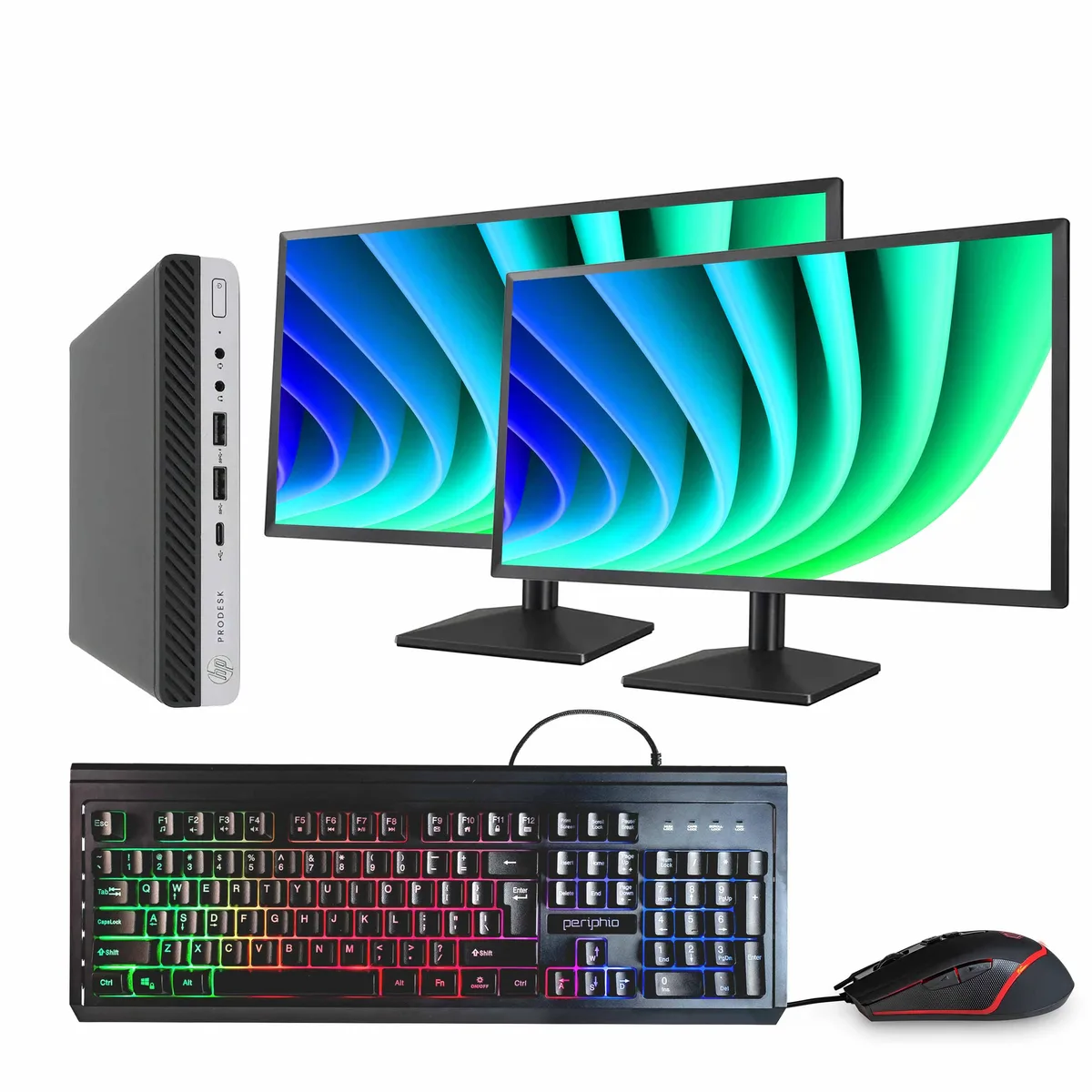 Black HP ProDesk 600 G4 Mini PC with two 24 inch monitors