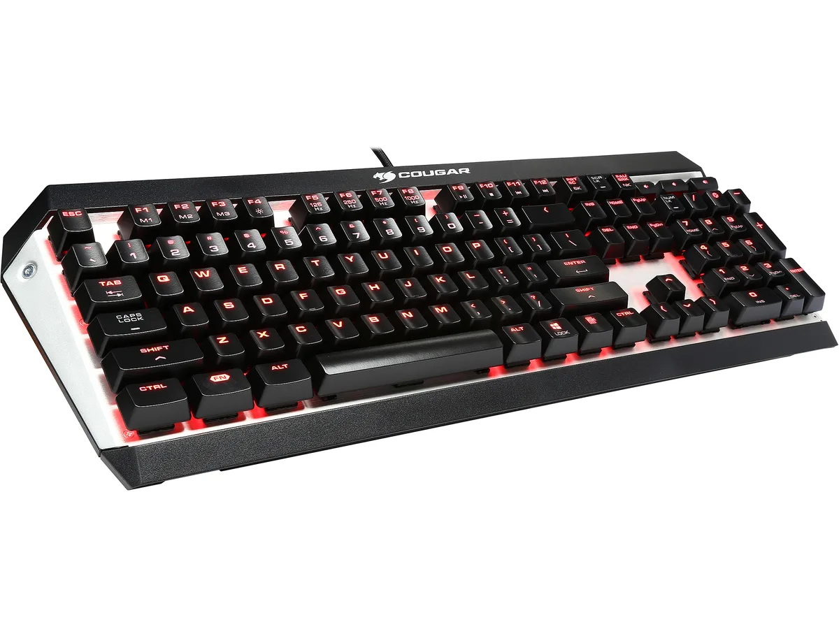 Black aluminium mechanical keyboard with Cherry MX Blue switches and red backlighting