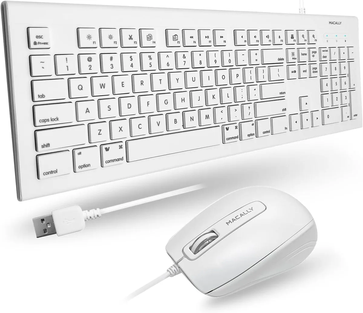 White full-size wired keyboard and mouse set with oval low-profile keys