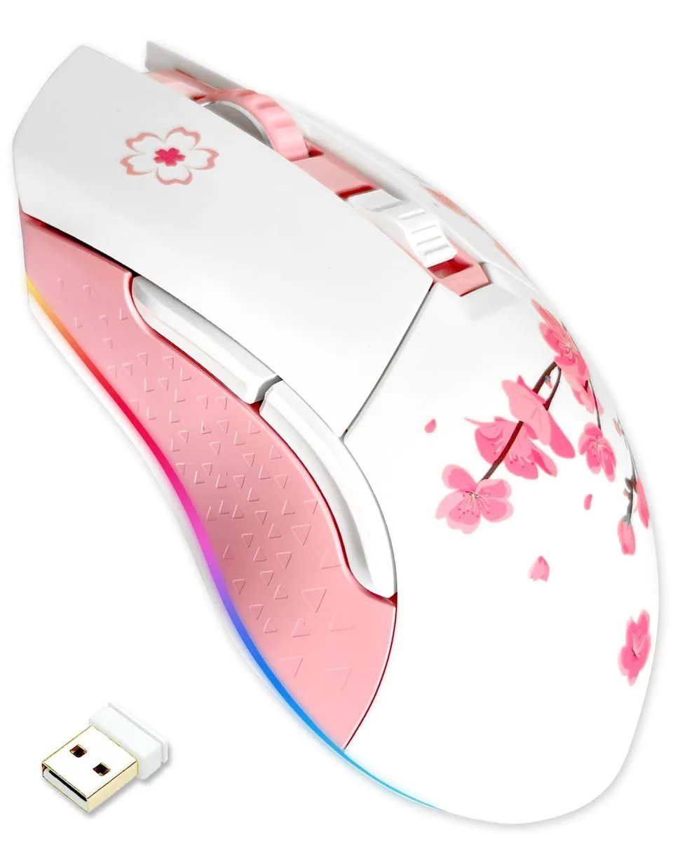 Pink ambidextrous gaming mouse with symmetrical shape and RGB light bar