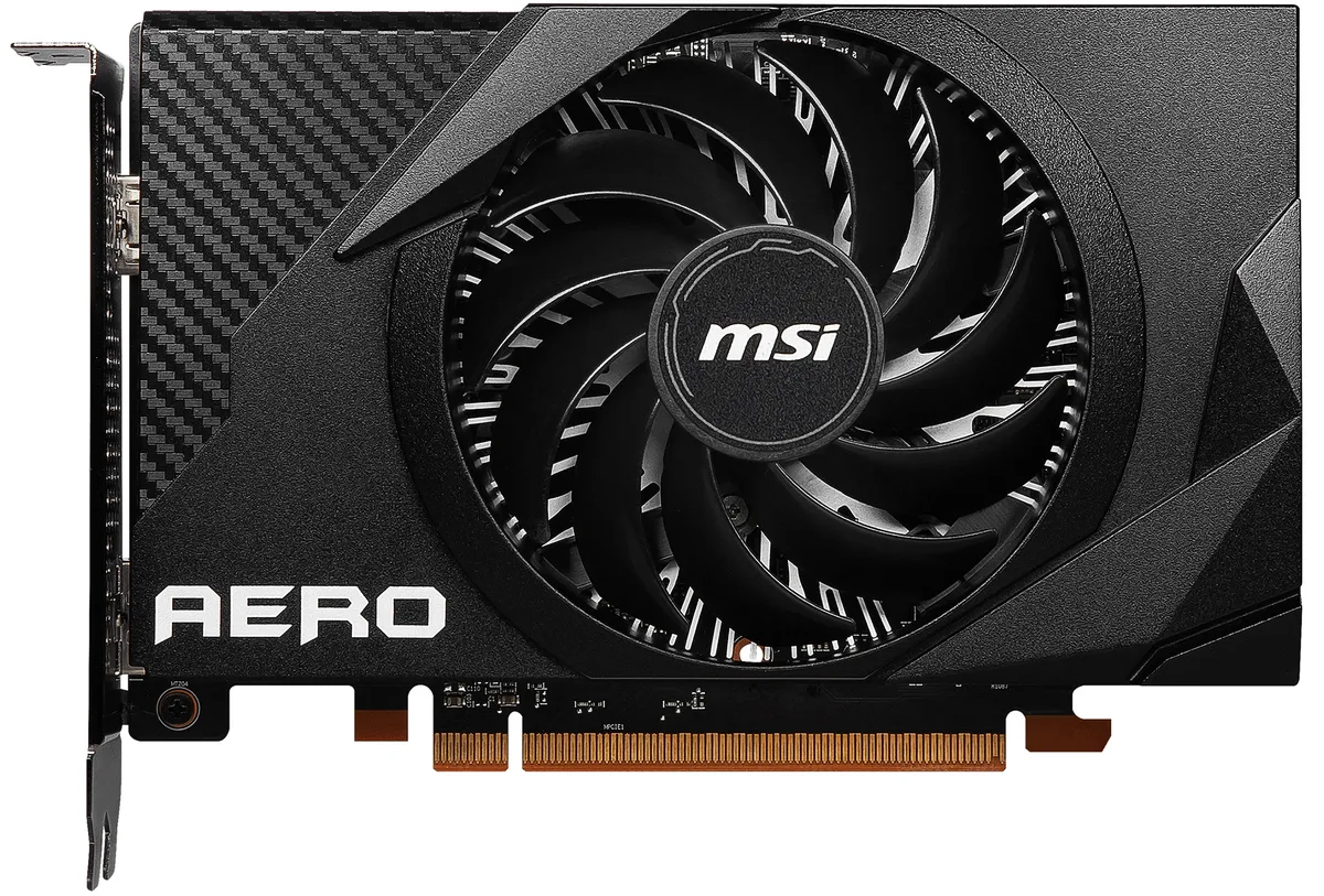Compact black graphics card with a single cooling fan and dual video outputs