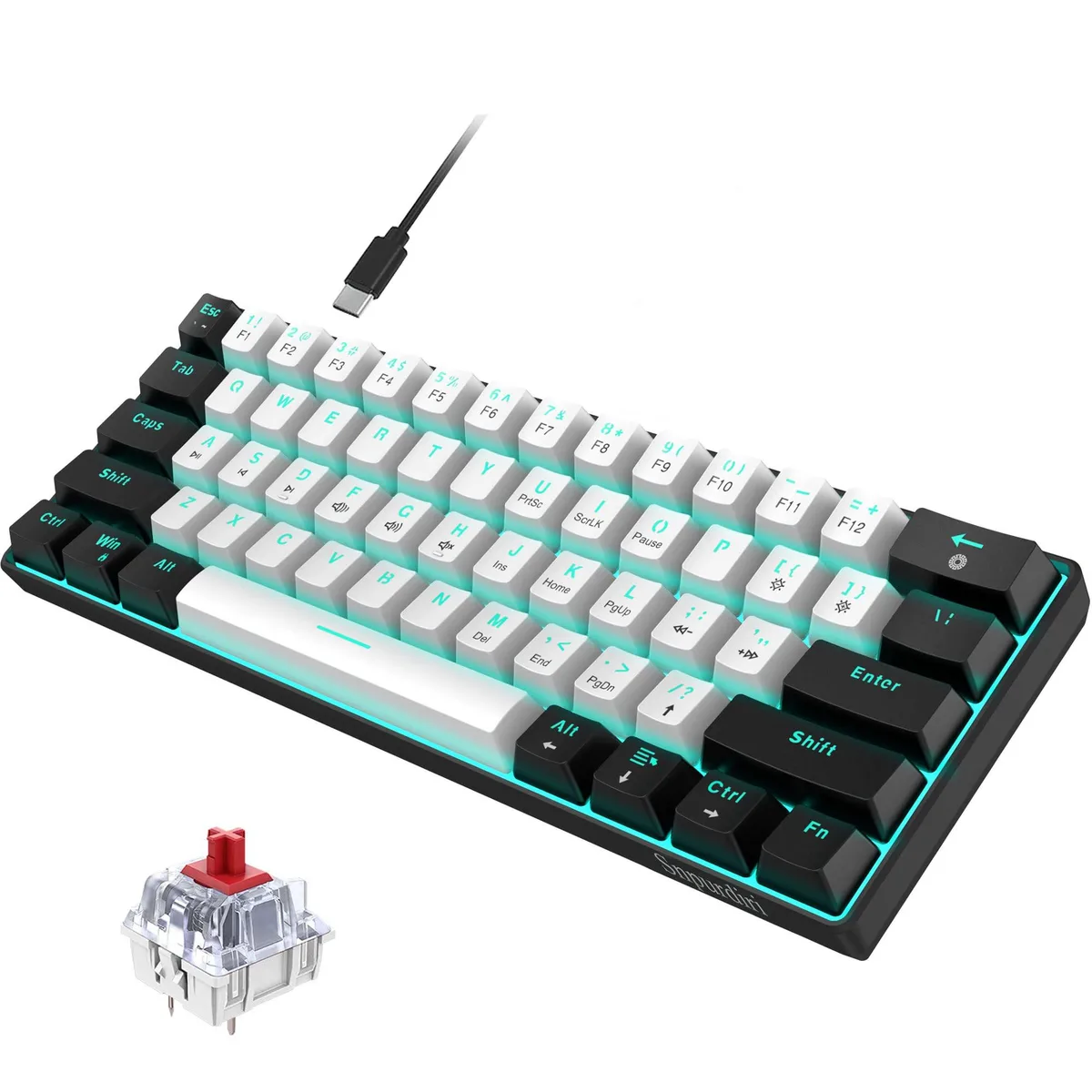 Compact 60% mechanical keyboard in black and white with ice blue LED backlighting, detachable USB-C cable, and red tactile switches
