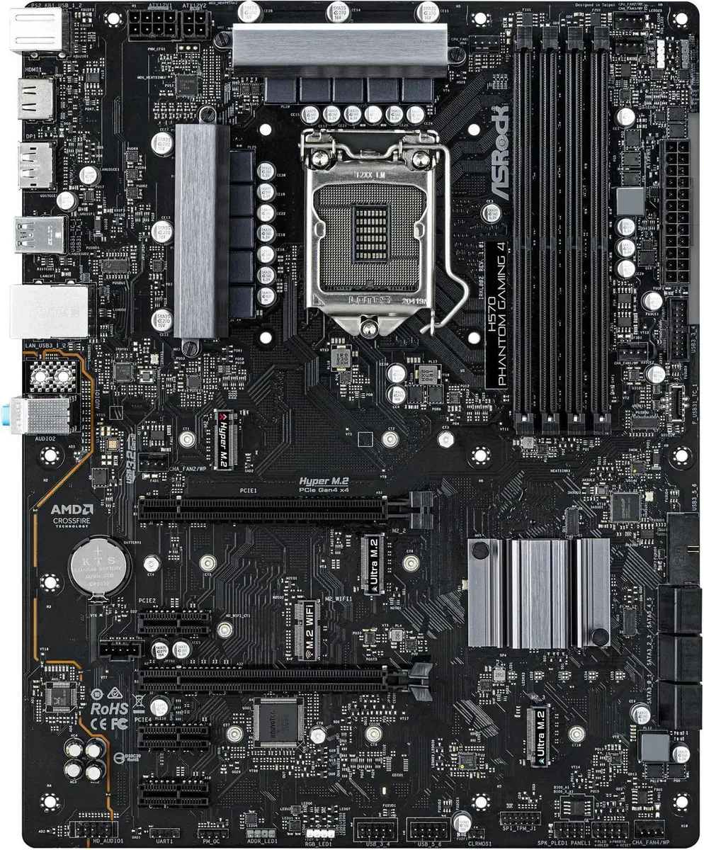 ATX motherboard with black PCB and silver heatsinks